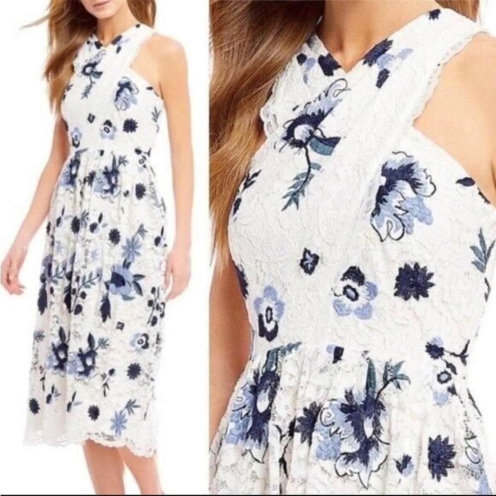 Tahari Lace Midi Dress Ivory with Blue Floral Design Size 8 New With Tags